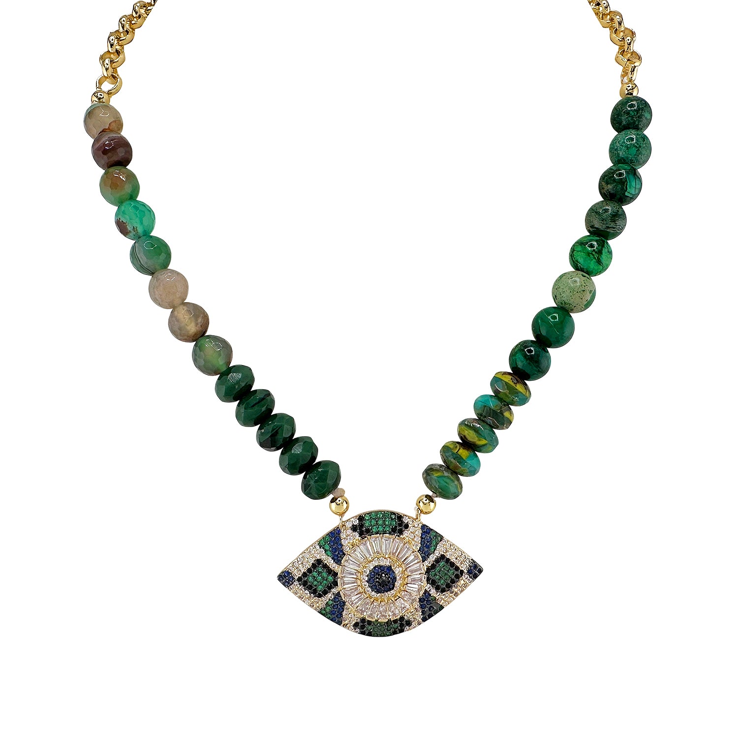Necklace with green beads and an eye-shaped pendant on a white background