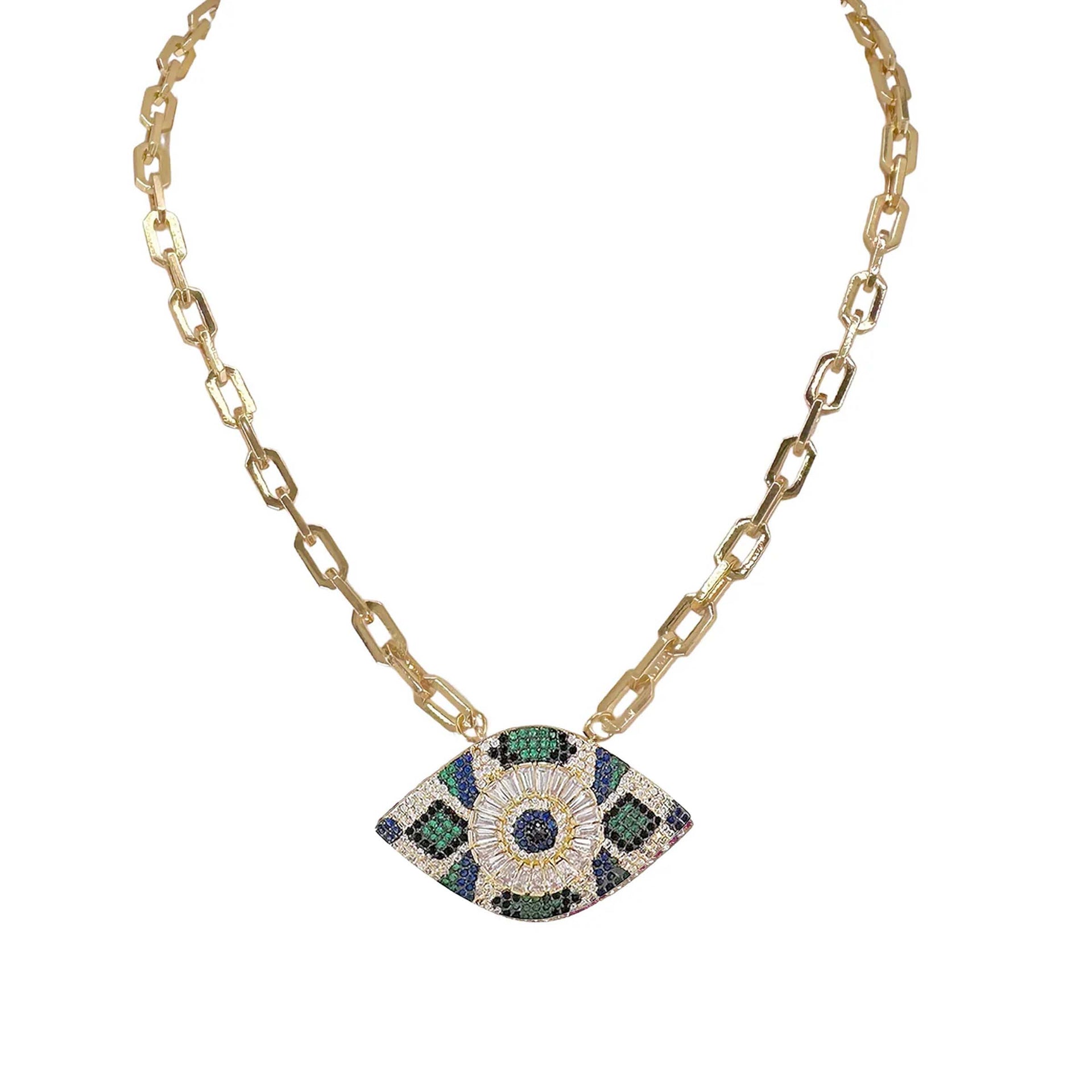 Gold necklace with a decorative pendant featuring green and blue stones on a white background