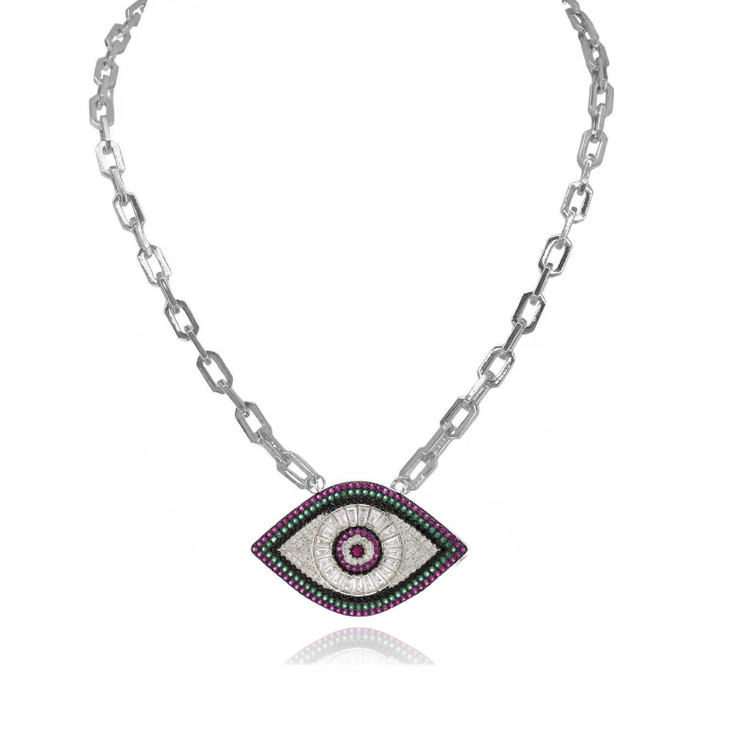patricias paperclip eye necklace silver green crystal evil eye charm necklace