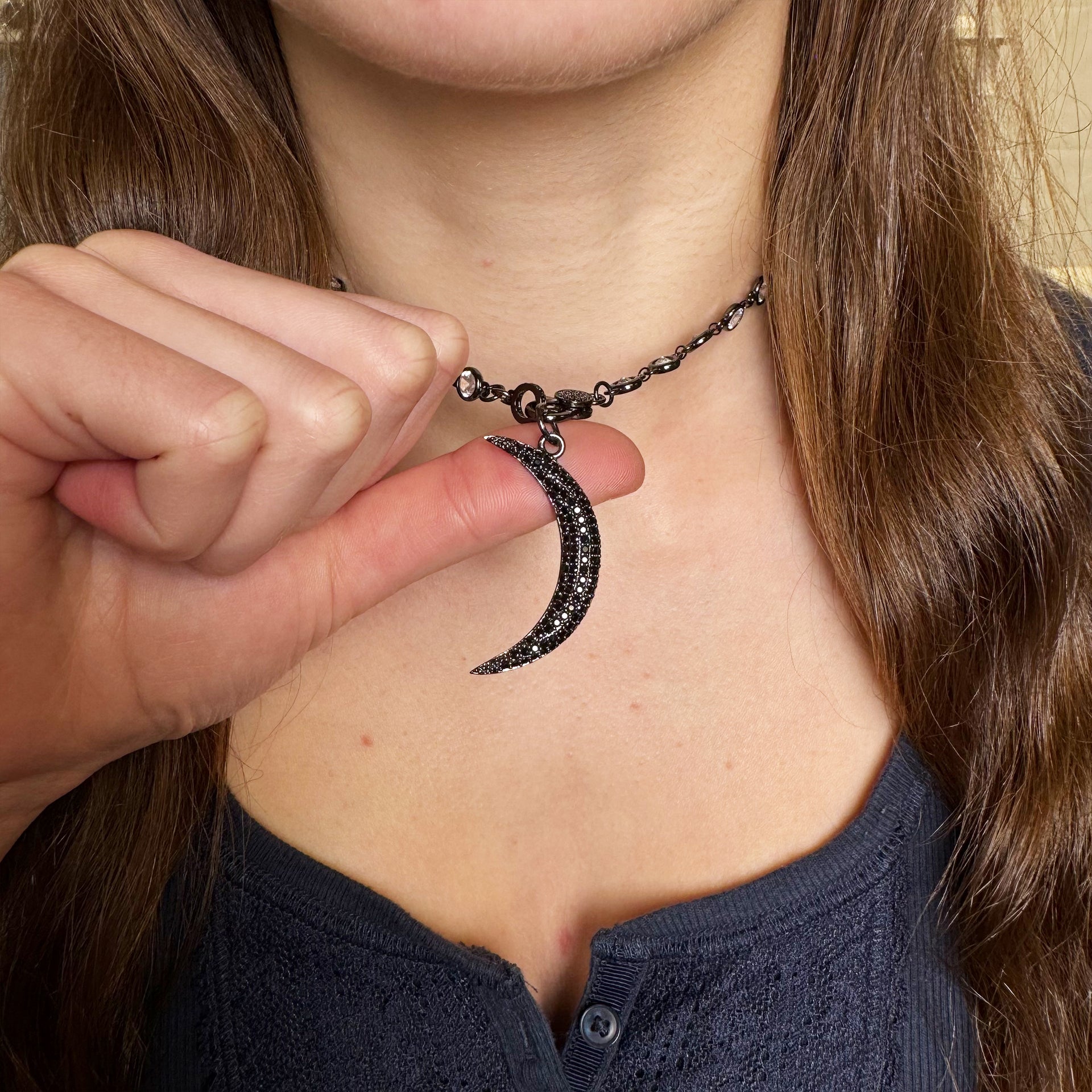 Love Lisa pavé moon charm styled necklace celestial layering piece