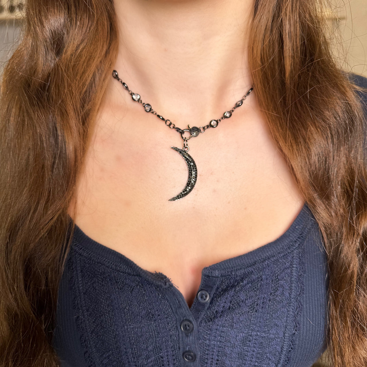 Gunmetal Pavé Moon Charm with gray pavé stones and edgy crescent shape