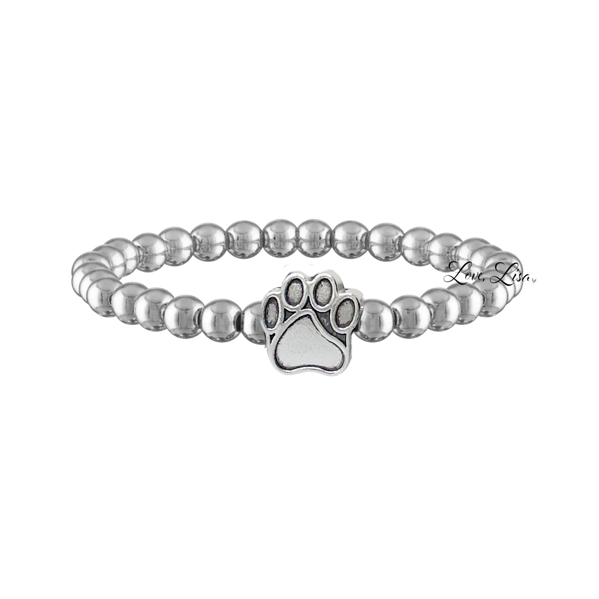 Love Lisa Pawfect Beaded Bracelet in silver with polished beads and paw-print charm

