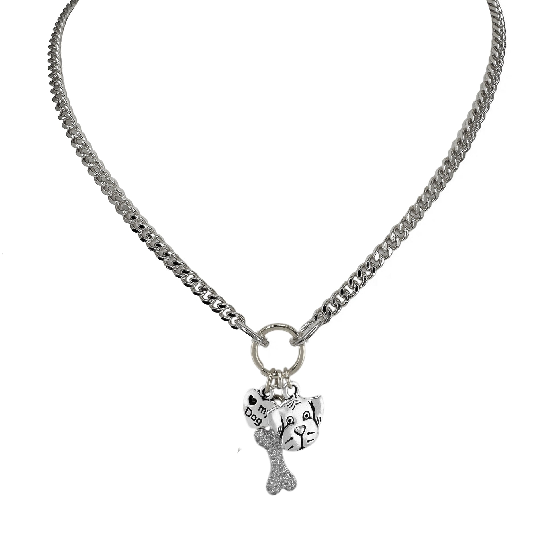 pawfect companion charm necklace silver dog heart face and bone charm jewelry