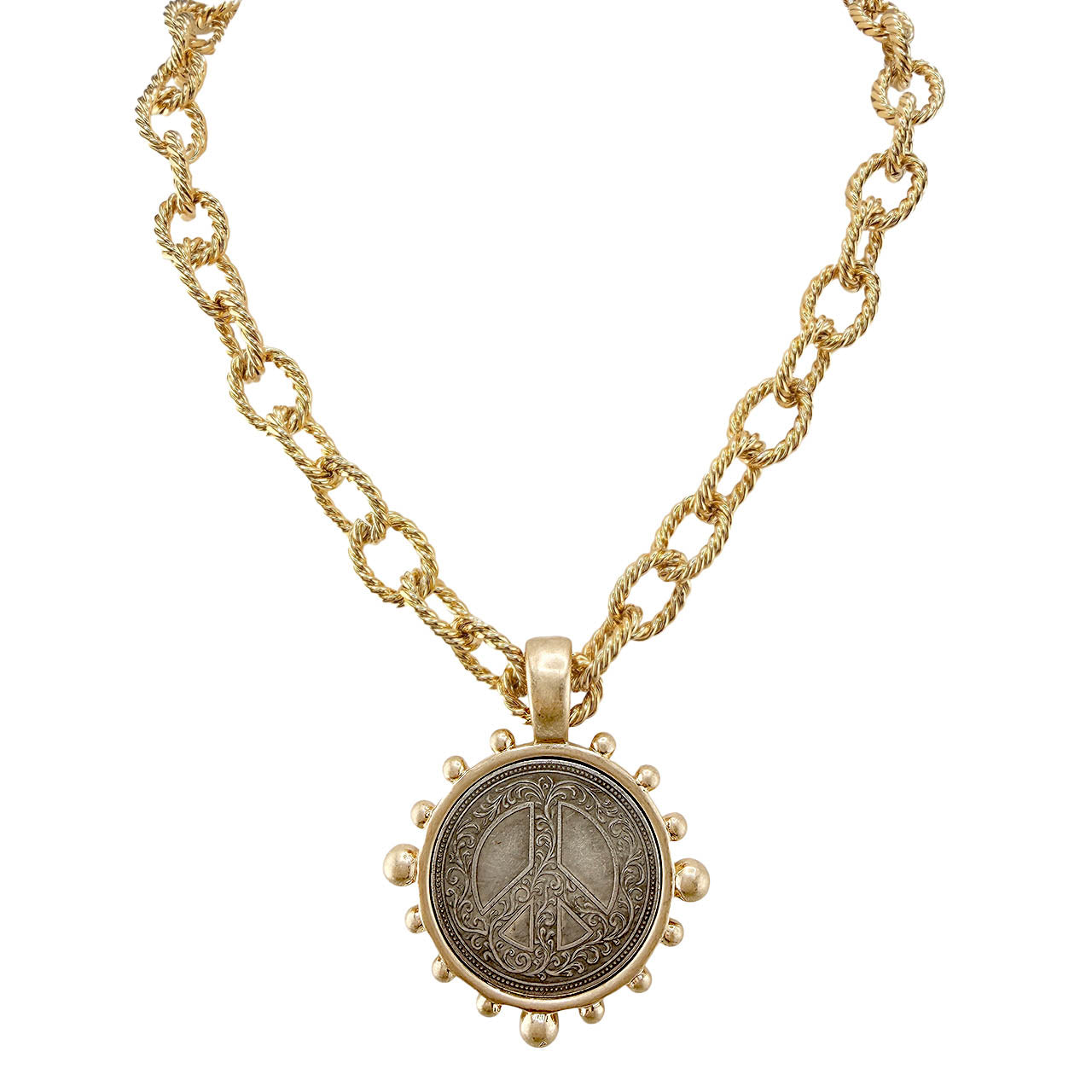 Love Lisa peace joy love coin necklace gold engraved peace symbol coin pendant rope chain 17 inch meaningful everyday necklace