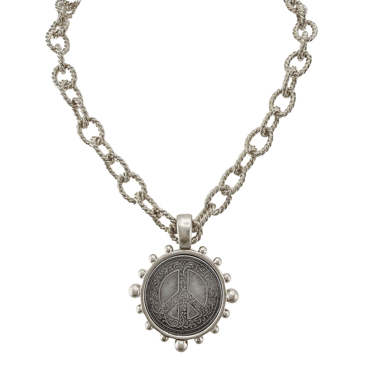 peace joy love coin necklace silver engraved peace symbol coin pendant rope chain 17 inch statement necklace