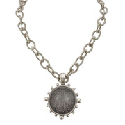 peace joy love coin necklace silver engraved peace symbol coin pendant rope chain 17 inch statement necklace