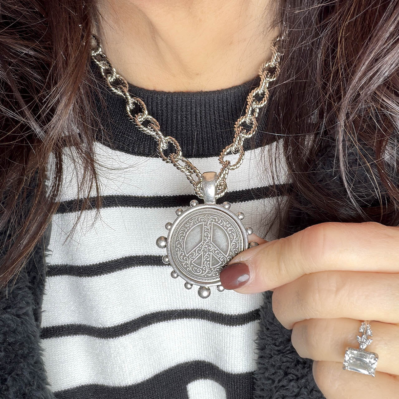 Love Lisa peace joy love coin necklace worn silver engraved coin pendant rope chain meaningful layering necklace