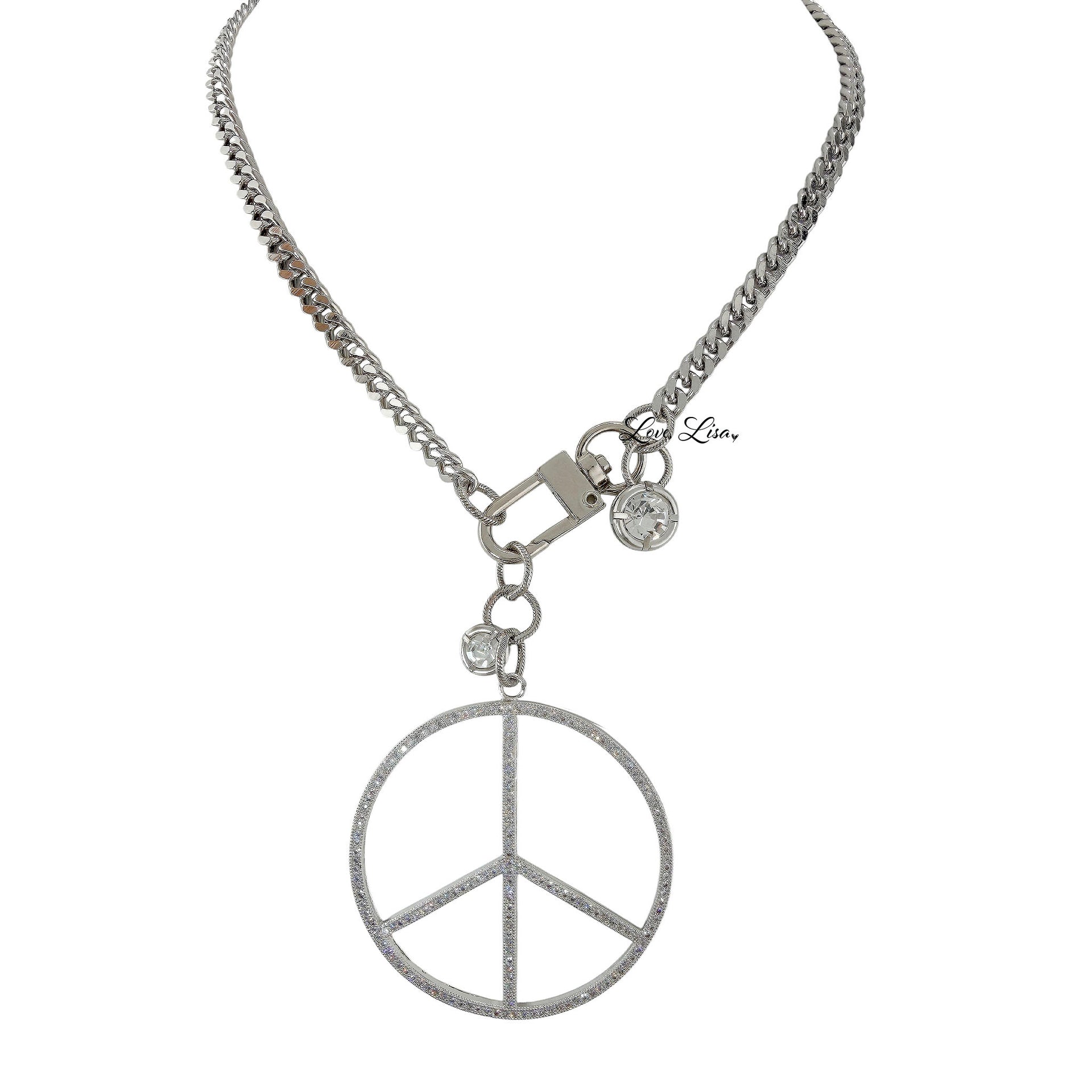 Love Lisa peace keeper statement necklace gunmetal pavé peace sign removable charm and hanging crystal accents