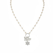 Eternal Chai Necklace by Love Lisa in pearl beads with silver symbolic charms star of david chai and evil eye