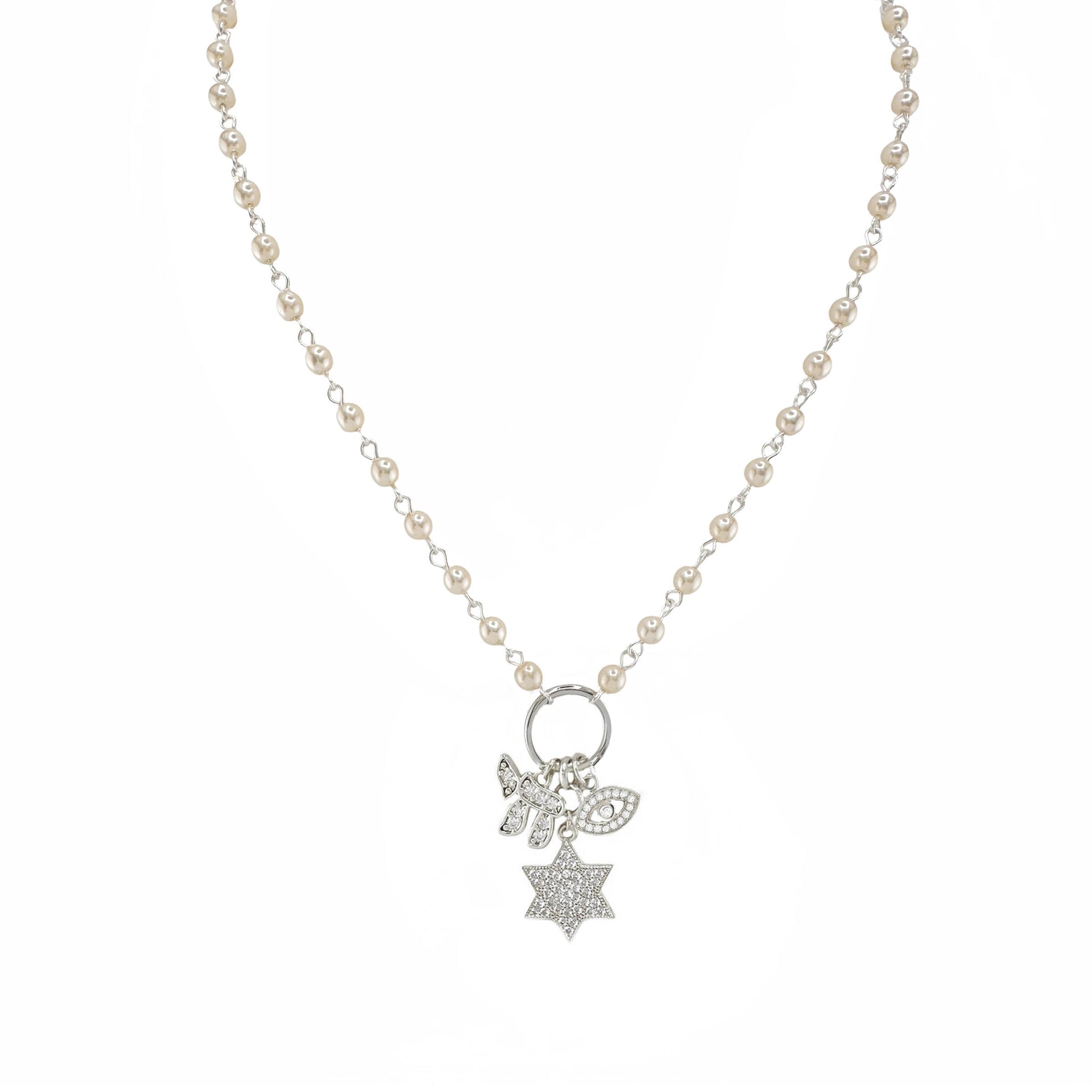 Eternal Chai Necklace by Love Lisa in pearl beads with silver symbolic charms star of david chai and evil eye