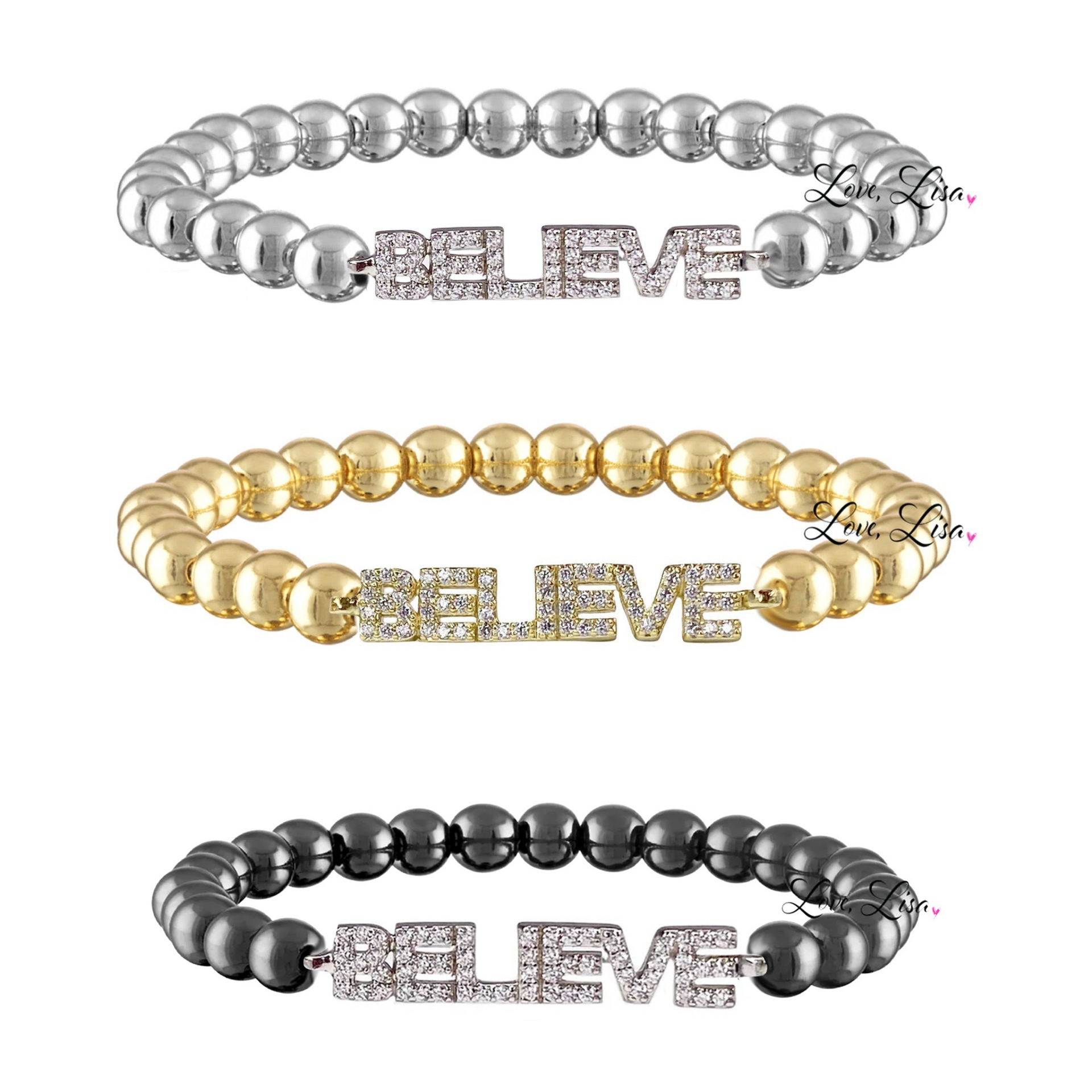 Three beaded bracelets with 'BELIEVE' in crystals on a white background, branded 'Lana'.