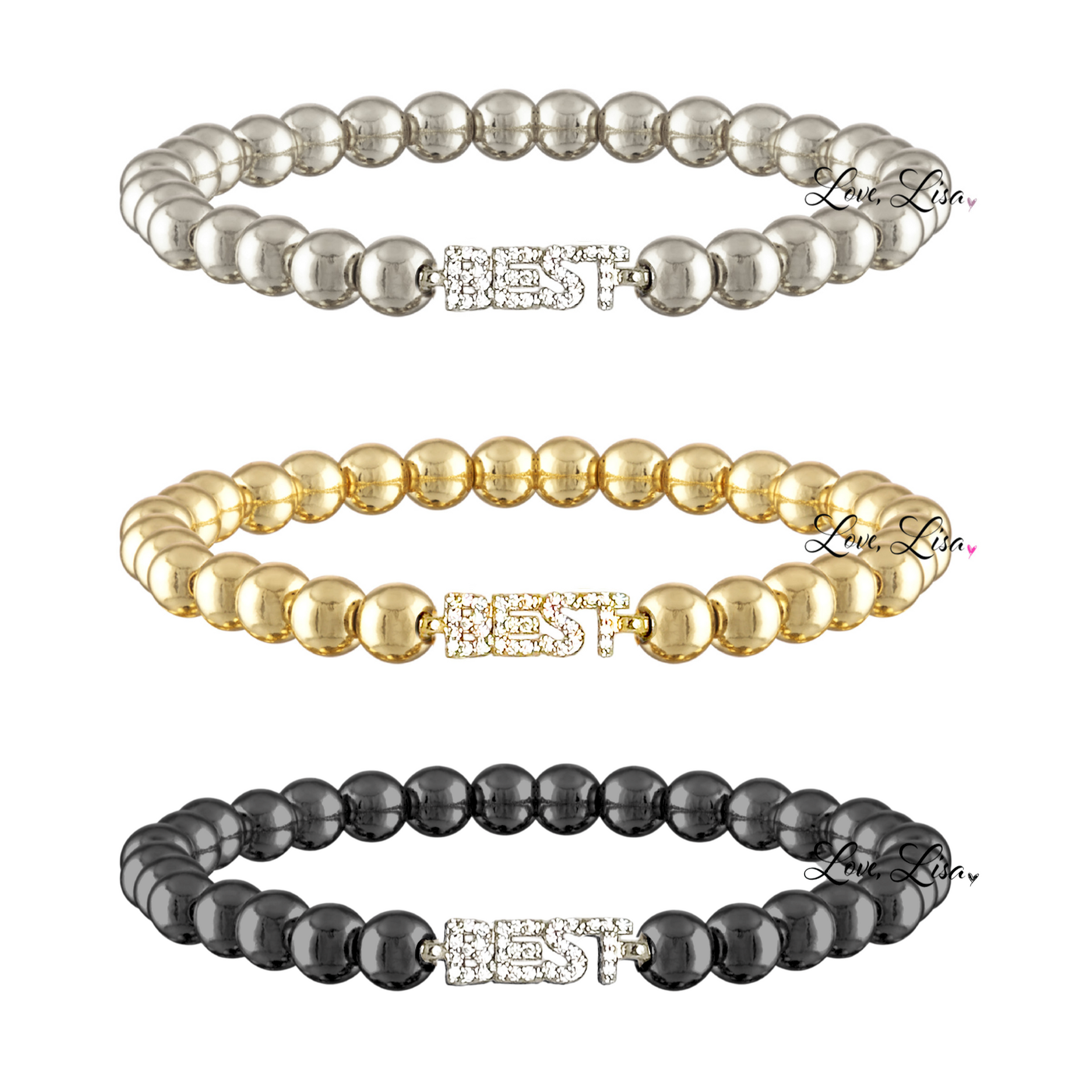 Three beaded bracelets in silver, gold, and black with a diamond-encrusted clasp on a white background.