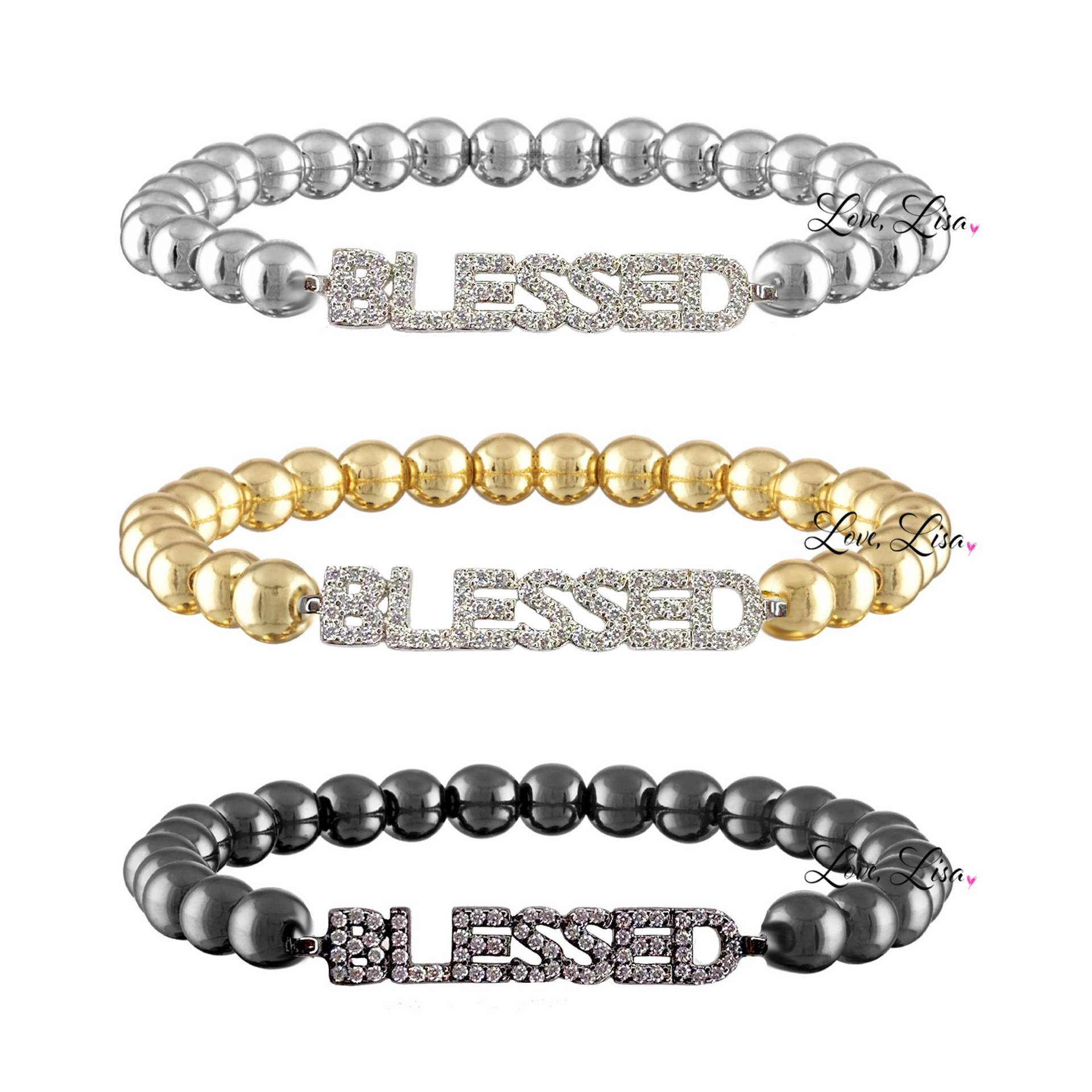 Three 'BLESSED' beaded bracelets in silver, gold, and black on a white background.