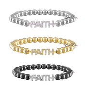 Three 'FAITH' beaded bracelets in silver, gold, and black on a white background.