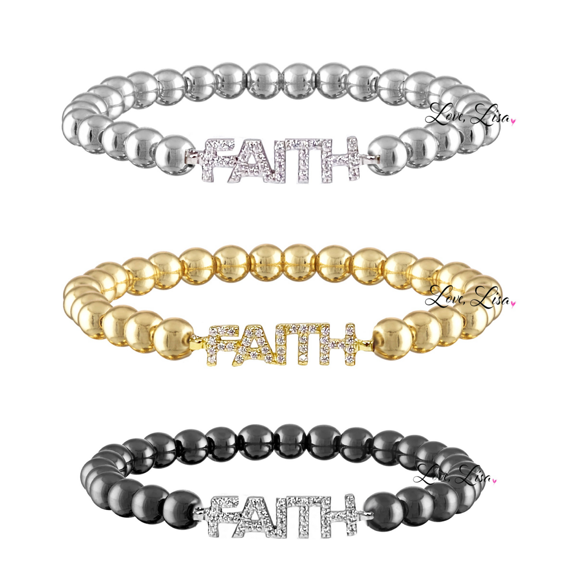 Three 'FAITH' beaded bracelets in silver, gold, and black on a white background.