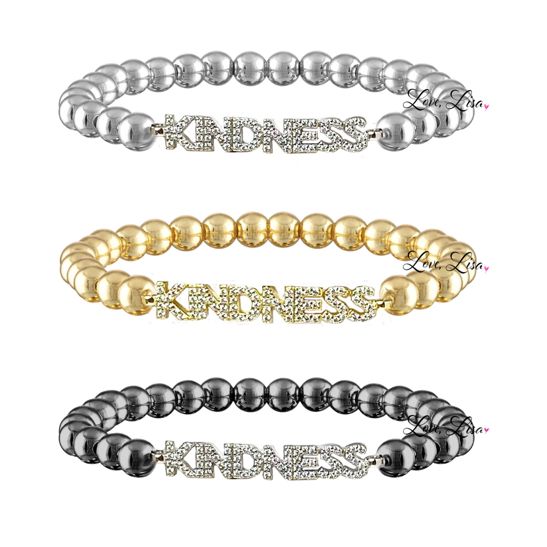 Three beaded bracelets with 'Kindness' charms on a white background