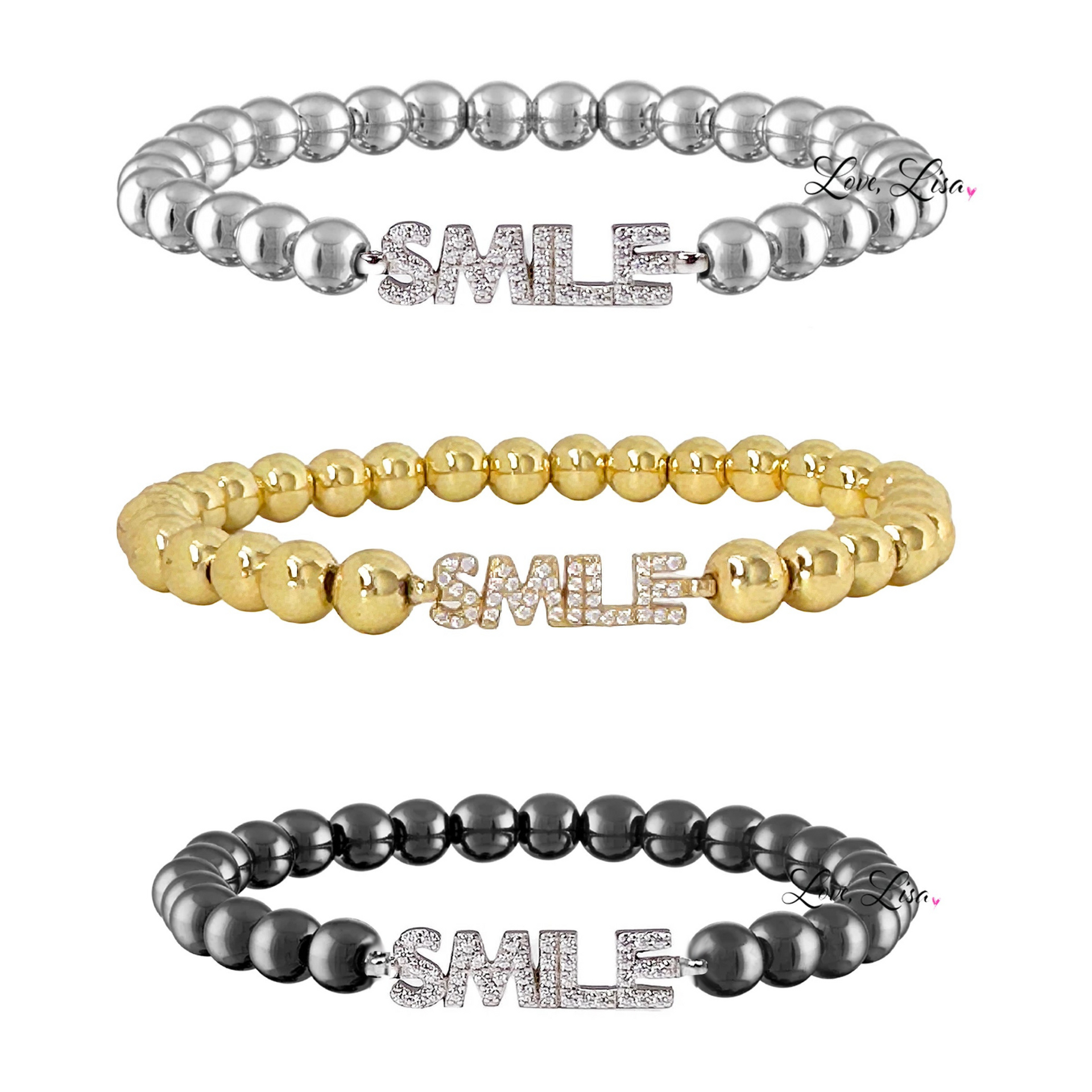 Three beaded bracelets with 'SMILE' charm in silver, gold, and black on a white background.