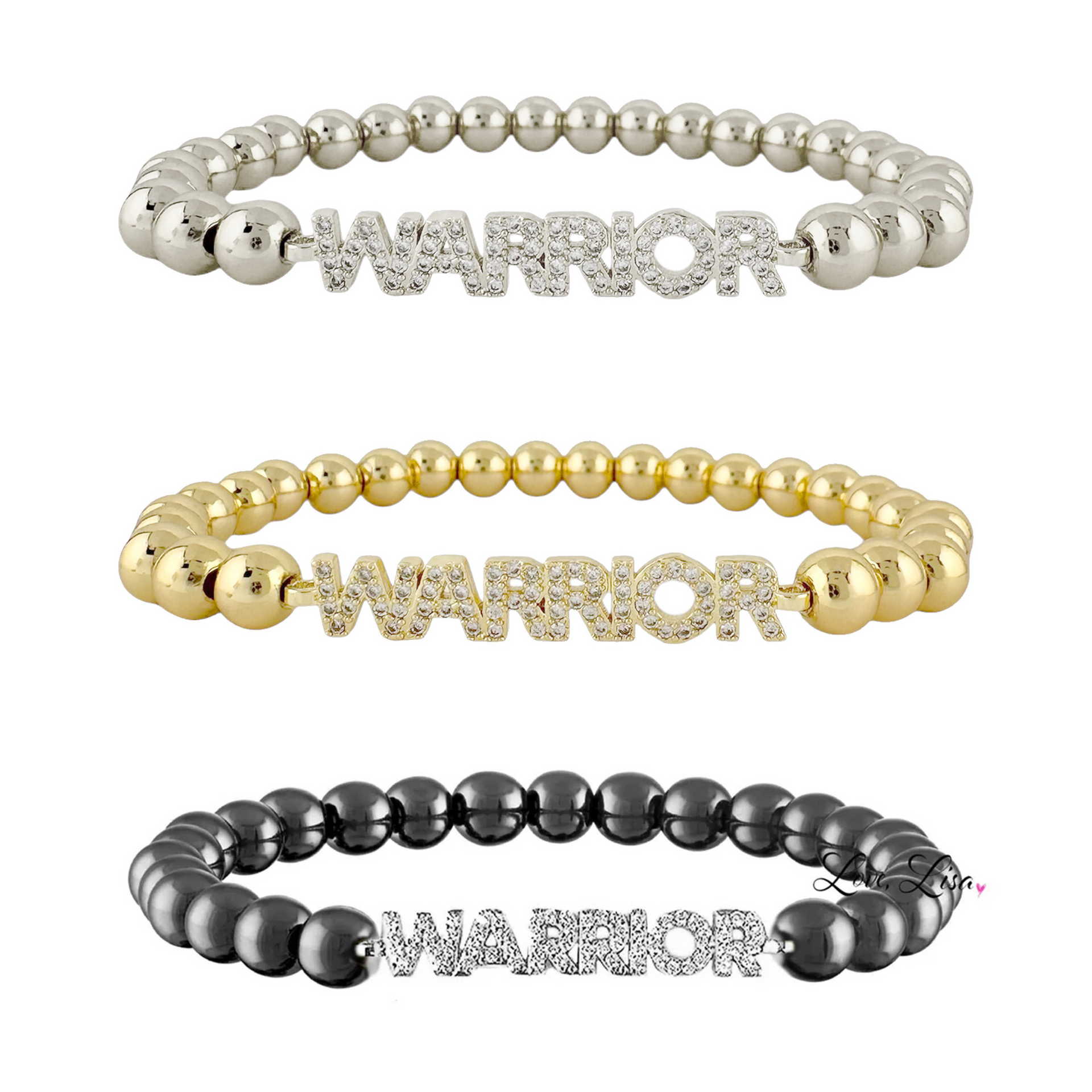 Three 'WARRIOR' beaded bracelets in silver, gold, and black on a white background.