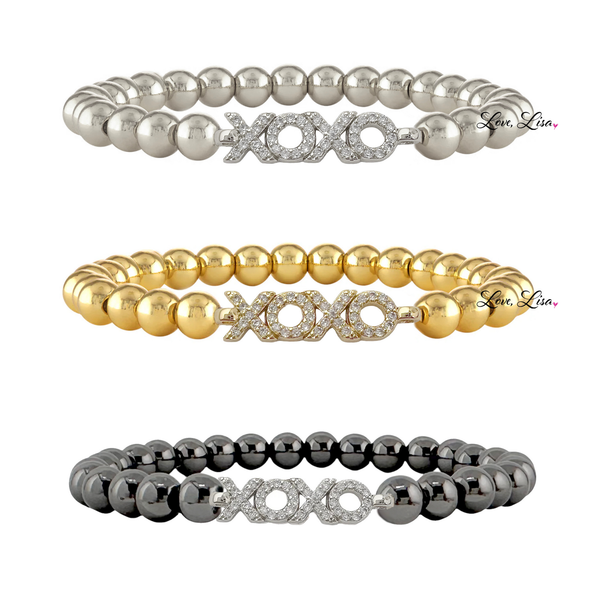 Three beaded bracelets with 'xoxo' charm on a white background