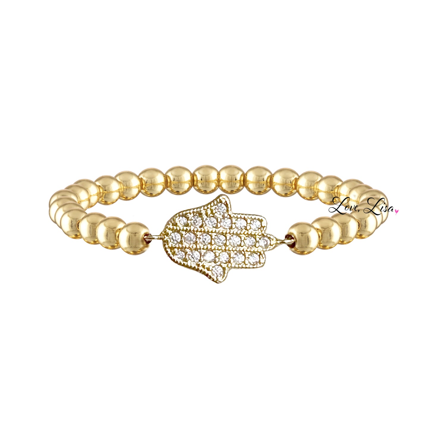 A gold-colored beaded bracelet with a Hamsa charm featuring a geometric pattern of beads and crystals.