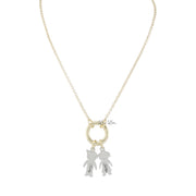 gold personalized grandma kids name charm necklace with silver engraved child charms and open center ring