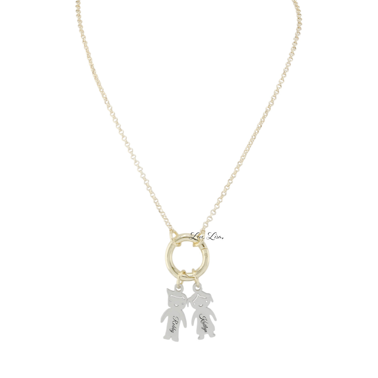 gold personalized grandma kids name charm necklace with silver engraved child charms and open center ring