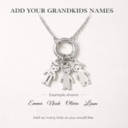 Love Lisa personalized grandma necklace worn with engraved kids name charms in silver showing name font examples
