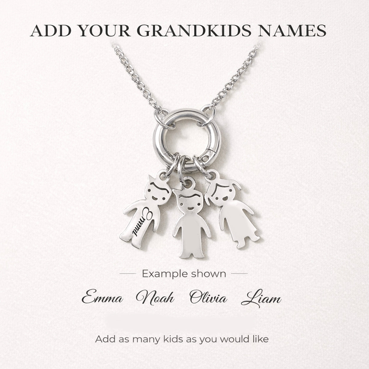 Love Lisa personalized grandma necklace worn with engraved kids name charms in silver showing name font examples