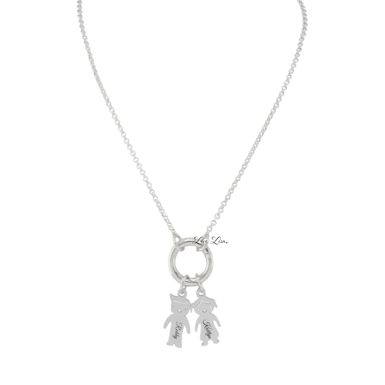 Love Lisa personalized grandma kids name charm necklace in silver with engraved child charms and open center ring