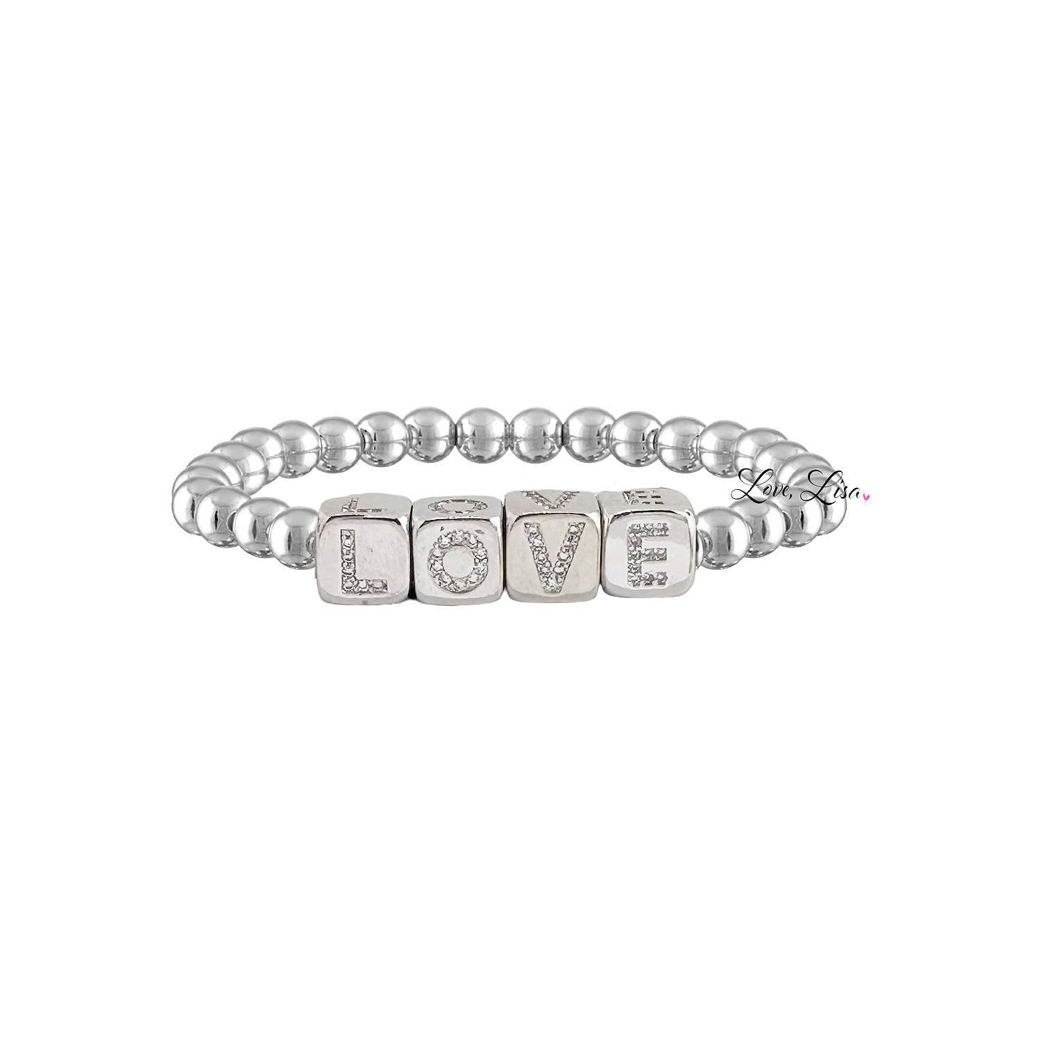 personalized large block letter bracelet 6mm silver bead bracelet with block letter word bracelet