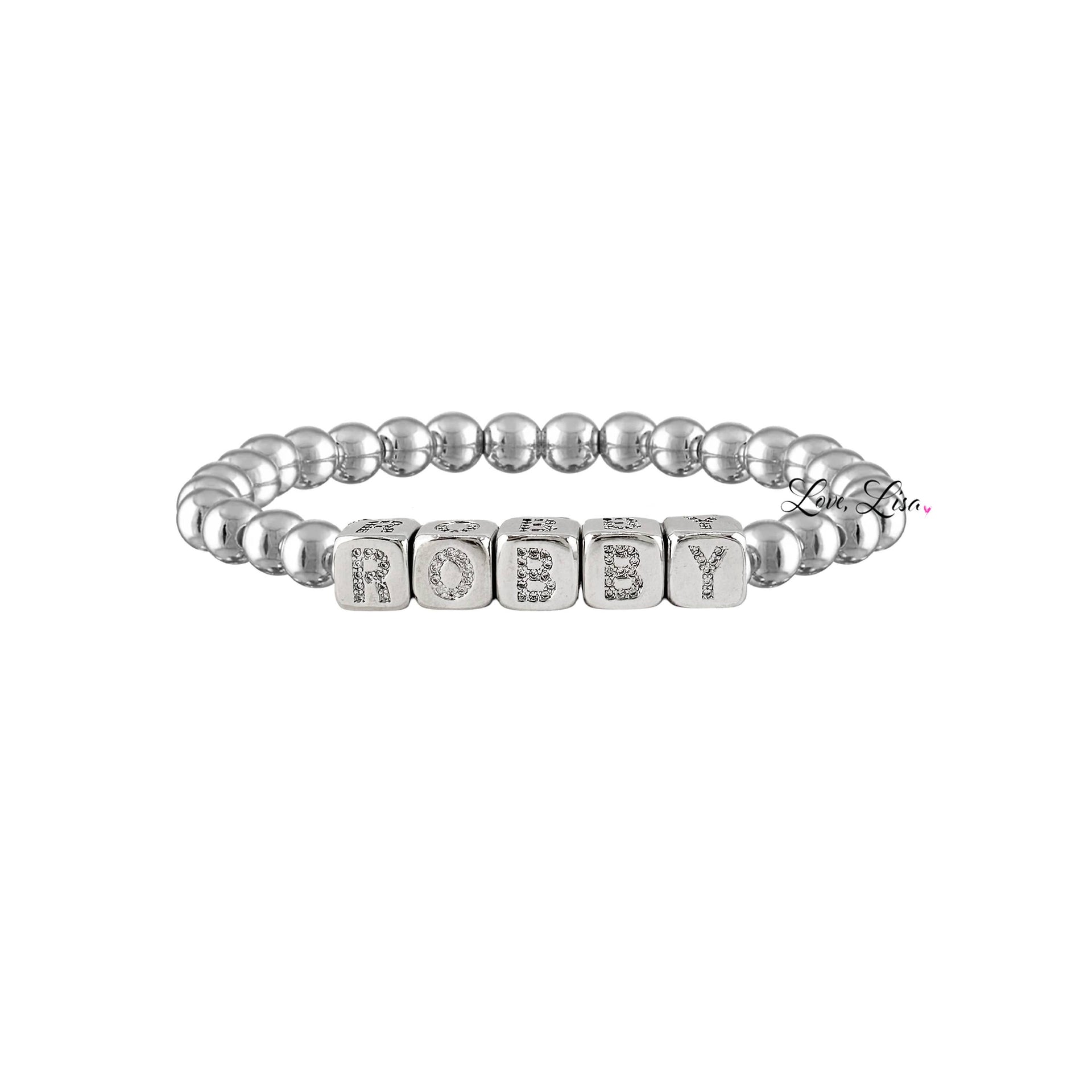 personalized large block letter bracelet 6mm silver bead bracelet with silver block letters custom name bracelet