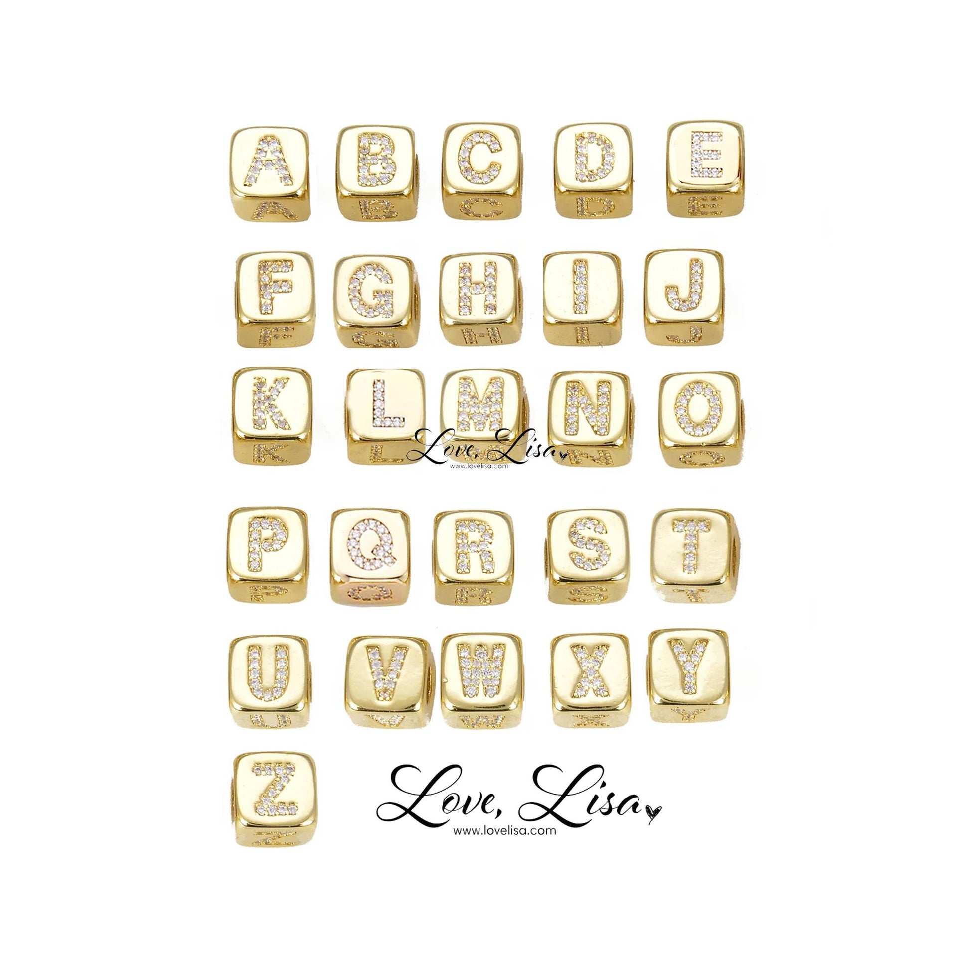 Love Lisa gold block letter bead guide for personalized large block letter bracelets with alphabet letter options