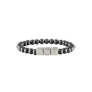 personalized large block letter bracelet in gunmetal with silver letter cubes and polished round beads