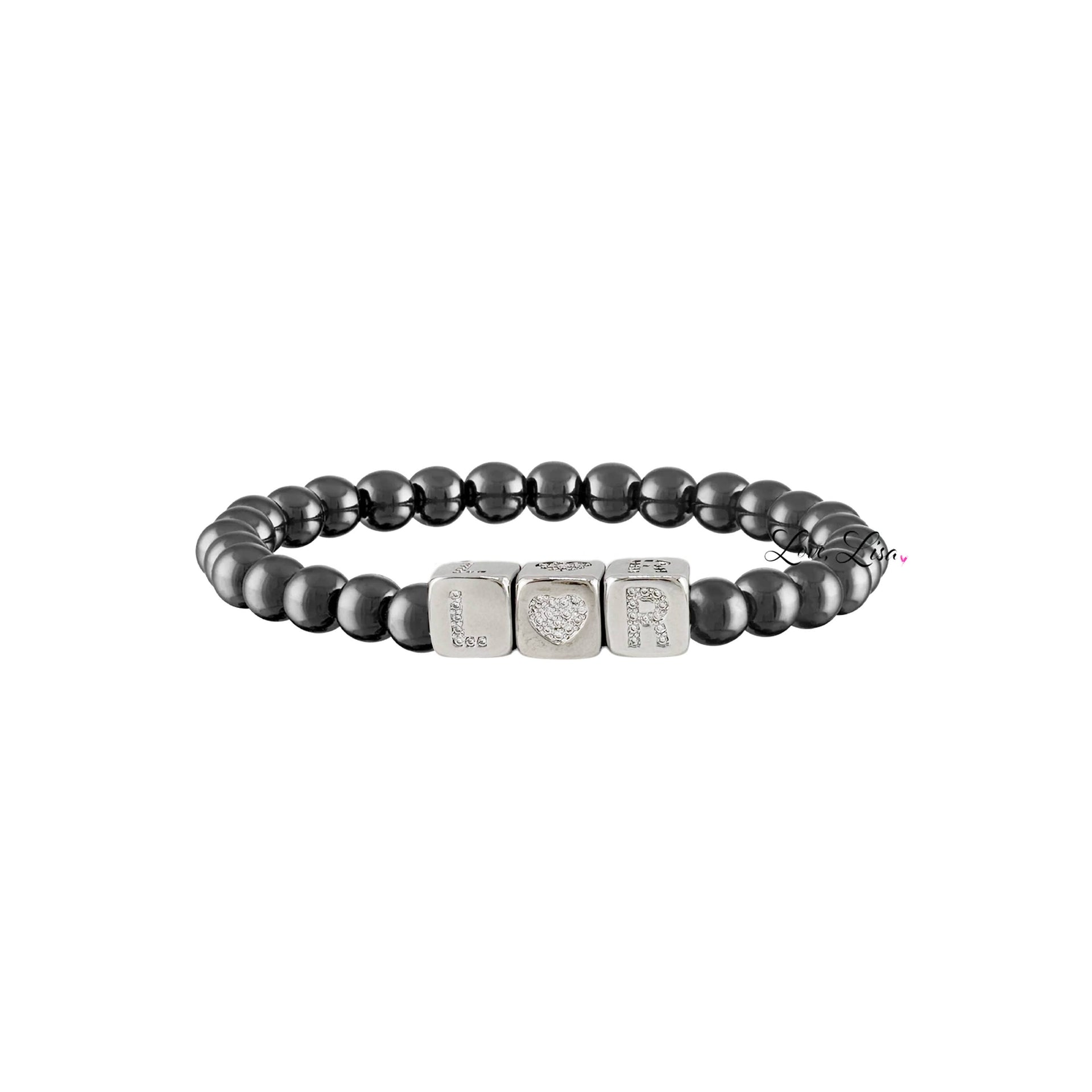 personalized large block letter bracelet in gunmetal with silver letter cubes and polished round beads