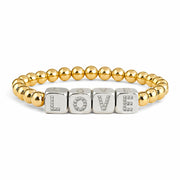 Love Lisa Personalized Large Block Letter Bracelet in gold with silver LOVE letter cubes and polished 6mm beads