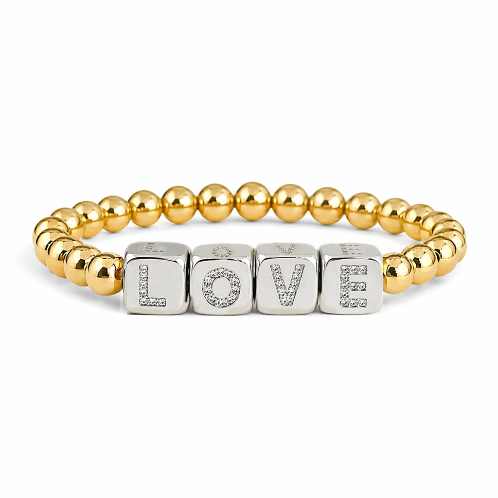 Love Lisa Personalized Large Block Letter Bracelet in gold with silver LOVE letter cubes and polished 6mm beads