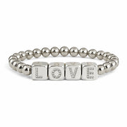 personalized large block letter bracelet in silver with LOVE letter cubes and polished 6mm beads