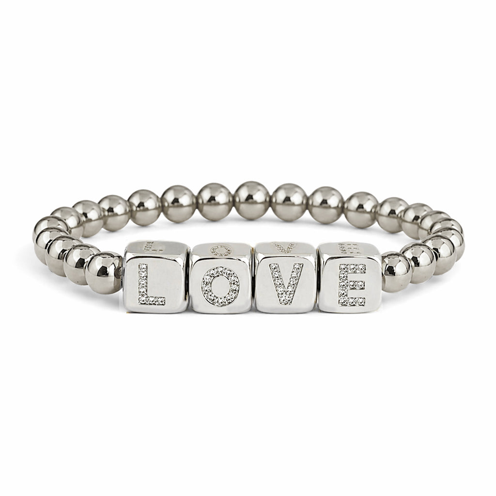 personalized large block letter bracelet in silver with LOVE letter cubes and polished 6mm beads