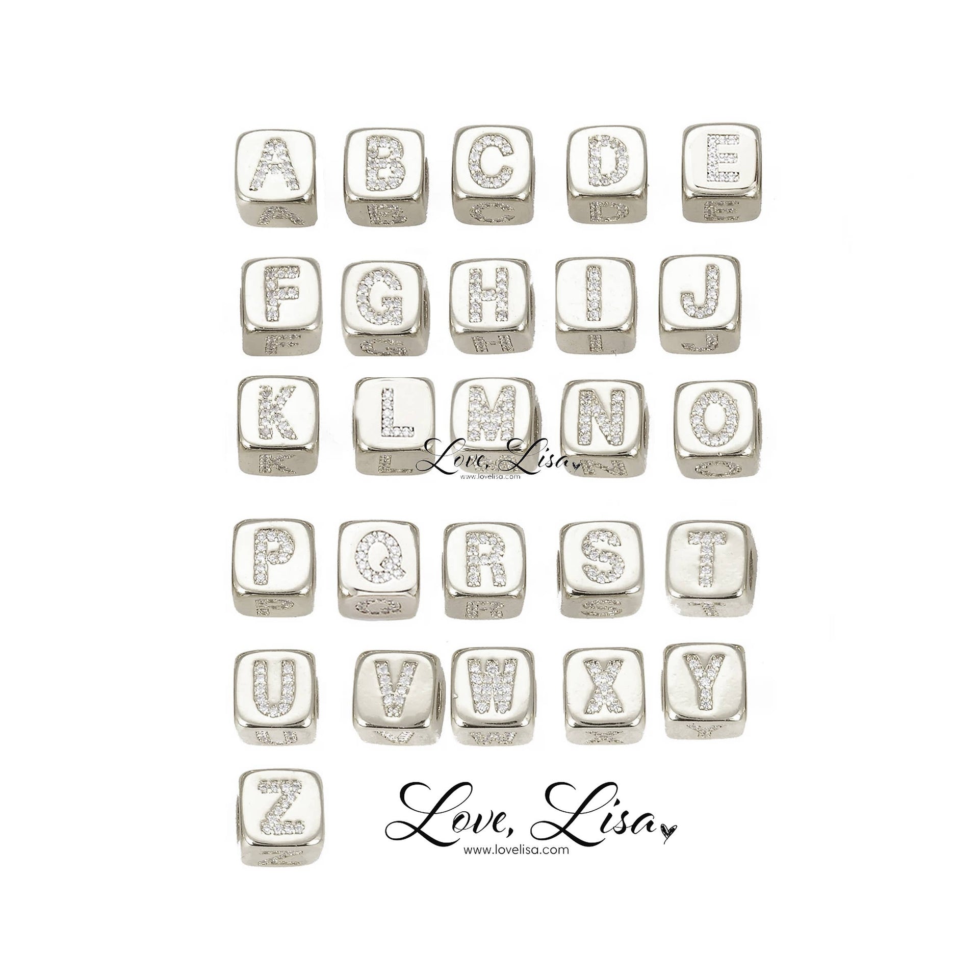 Love Lisa silver block letter bead guide for personalized large block letter bracelets with alphabet letter options