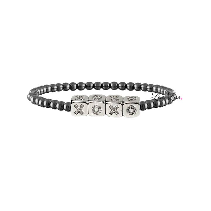 personalized small block letter bracelet in gunmetal with polished 4mm beads and petite silver letter cubes