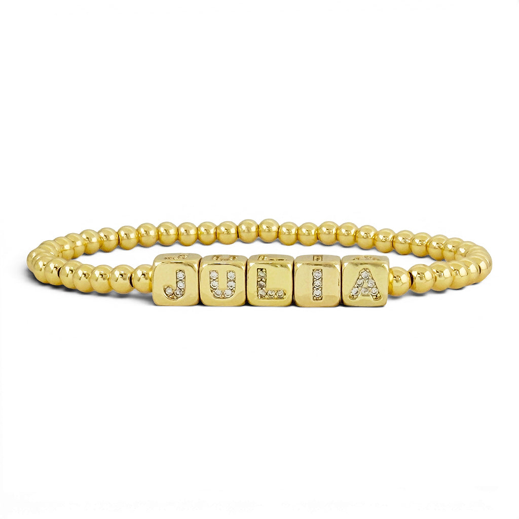 Love Lisa Personalized Small Block Letter Bracelet in gold spelling LISA with petite letter cubes and polished 4mm beads