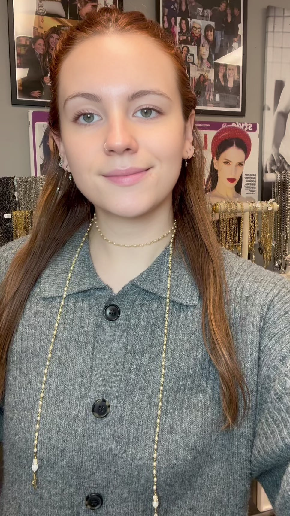 Mary Cross Lariat Necklace worn layered crystal beaded cross necklace