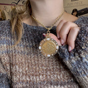 puppy love coin necklace gold double strand on model layered with other necklaces love lisa