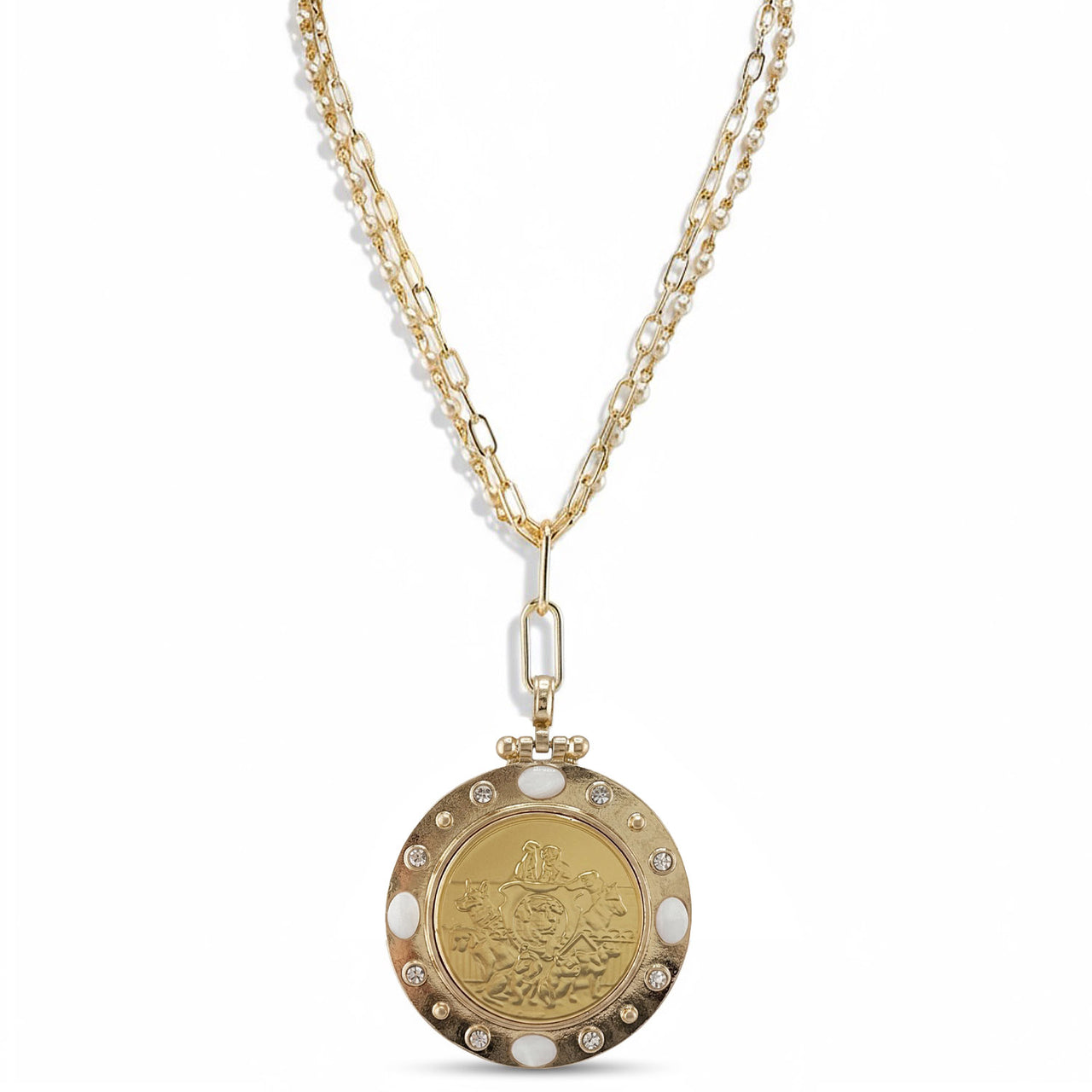 puppy love coin necklace gold closeup showing dog engraved pendant love lisa