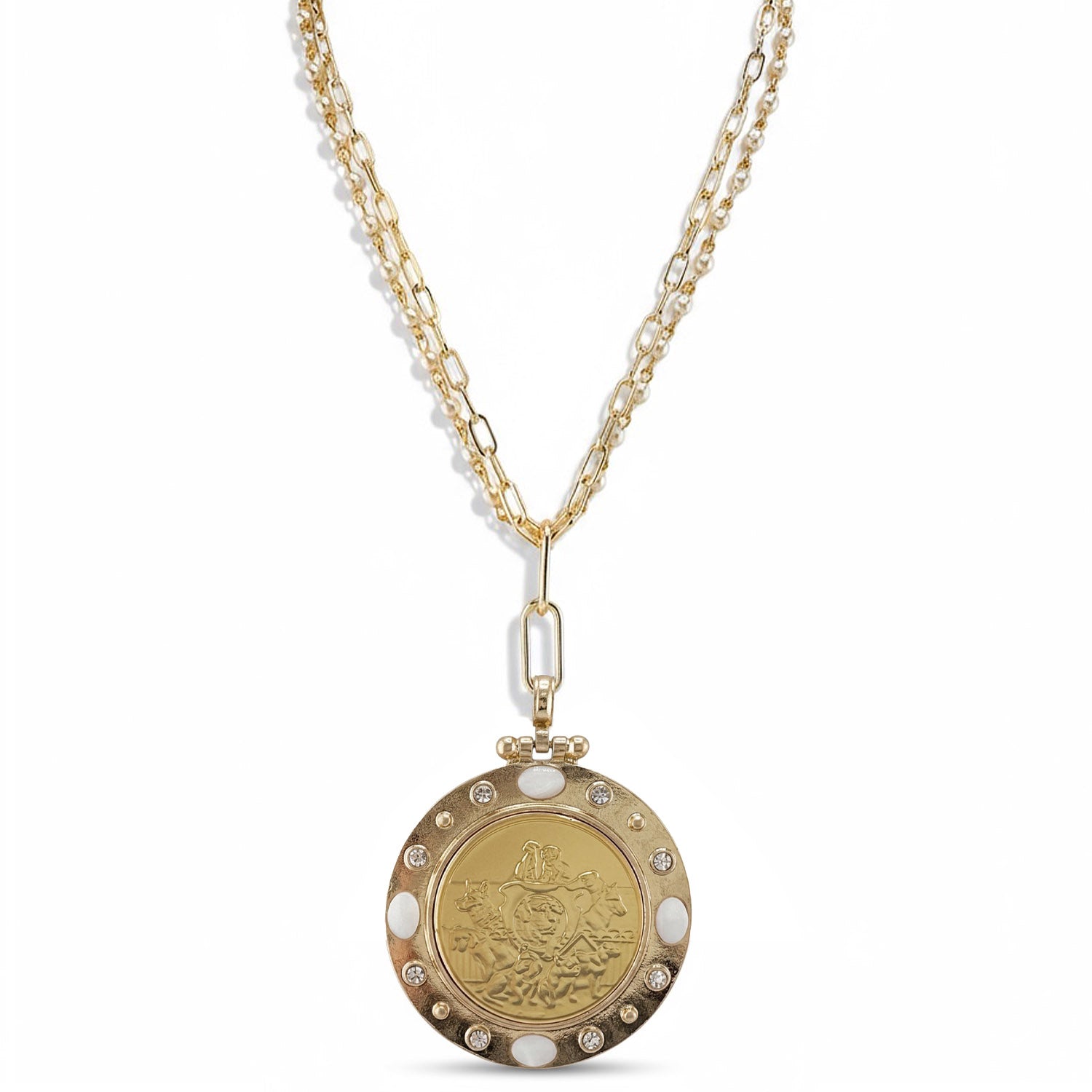 puppy love coin necklace gold closeup showing dog engraved pendant love lisa