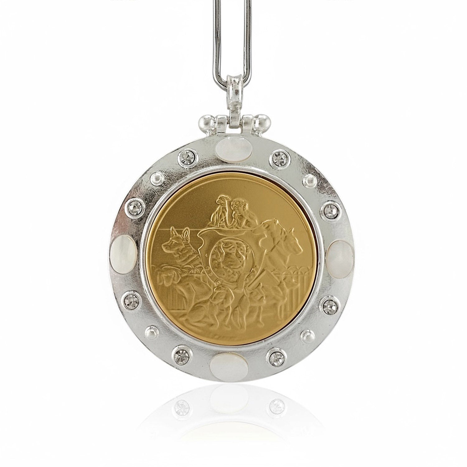 puppy love coin necklace silver closeup with white enamel and crystal border love lisa