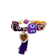 Deep purple bandana bracelet with gold clasp evil eye bead and amber heart charm with tassel