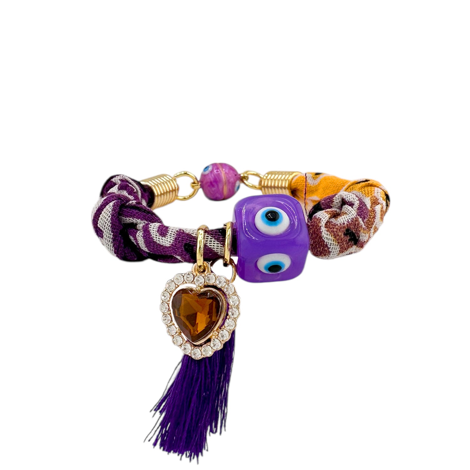 Deep purple bandana bracelet with gold clasp evil eye bead and amber heart charm with tassel