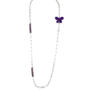 Purple monarch butterfly charm necklace with amethyst crystal beads on gold chain