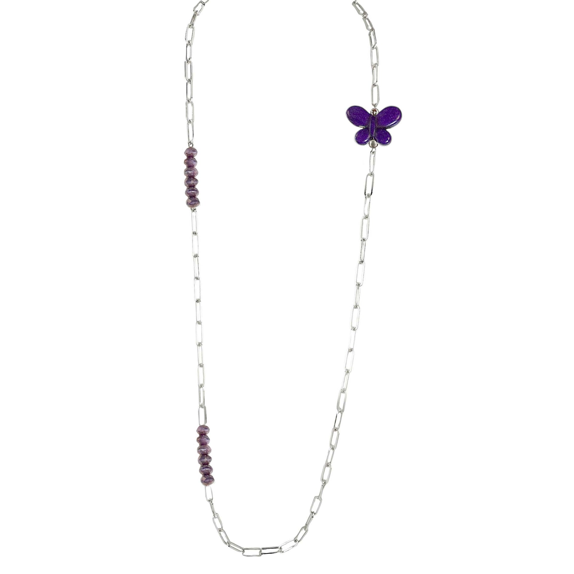 Purple monarch butterfly charm necklace with amethyst crystal beads on gold chain